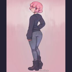 Rule 34 | 1girl, artist name, ass, black footwear, black sweater, blue pants, boots, denim, from behind, full body, jeans, long sleeves, looking at viewer, looking back, original, pants, pillow (sandcasks), pink background, pink hair, red eyes, sandcasks, short hair, signature, sleeves past wrists, smile, solo, standing, sweater