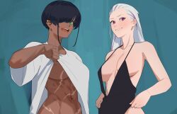 Rule 34 | :d, albino, breasts, clothes lift, collarbone, colored skin, dark-skinned female, dark skin, dress, dress lift, earrings, green eyes, halterneck, highres, hong doo, jewelry, large breasts, muscular, muscular female, navel piercing, no bra, open mouth, original, pale skin, piercing, red eyes, shirt, shirt lift, short hair, smile, tongue piercing, underboob, white shirt, white skin