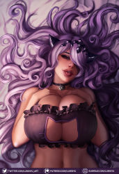 Rule 34 | 1girl, artist name, bell, neck bell, breasts, camilla (fire emblem), cat cutout, cat lingerie, cleavage, clothing cutout, collar, eyelashes, eyeshadow, fire emblem, fire emblem fates, gumroad username, hair over one eye, highres, large breasts, looking at viewer, luminyu, lying, makeup, meme attire, navel, nintendo, on back, patreon username, purple hair, smile, stomach, tiara, toned, tongue, tongue out, twitter username, upper body, watermark, wavy mouth, web address