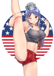 Rule 34 | 1girl, american flag, blue hair, blue nails, blush, breasts, cleavage, collarbone, grin, highres, kantai collection, large breasts, midriff, multicolored hair, nail polish, osananajimi neko, purple eyes, red hair, red shorts, shorts, simple background, smile, solo, south dakota (kancolle), split, standing, standing on one leg, standing split, tank top, v, white background, white hair