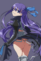 Rule 34 | 10s, 1girl, armor, armored boots, ass, black coat, blue eyes, blue ribbon, boots, coat, fate/extra, fate/extra ccc, fate/grand order, fate (series), hair between eyes, hair ornament, hair ribbon, long hair, long sleeves, looking at viewer, looking back, meltryllis (fate), purple hair, revealing clothes, ribbon, route1911, simple background, sleeves past wrists, smile, solo, thong, very long hair, very long sleeves