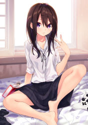 Rule 34 | 1girl, barefoot, bedroom, black skirt, breast pocket, brown hair, closed mouth, collared shirt, dress shirt, food, hair between eyes, hair ornament, holding, holding food, indoors, legs, light smile, long hair, looking at viewer, on bed, original, playstation controller, pocket, pocky, purple eyes, shirt, short sleeves, sitting, skirt, solo, striped clothes, striped skirt, sushikuugo (suisen), thighs, unworn socks, white shirt, window, x hair ornament