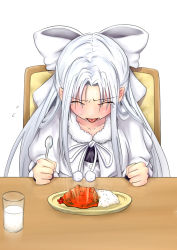 Rule 34 | 00s, 1girl, closed eyes, curry, food, hair ribbon, long hair, melty, melty blood, mikeco, milk, ribbon, sitting, solo, tears, tongue, tsukihime, white hair, white len (tsukihime)