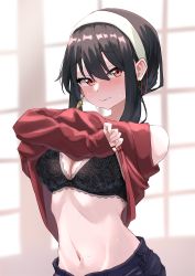 Rule 34 | 1girl, absurdres, black bra, black hair, blush, bra, breasts, clothes lift, earrings, gold earrings, hairband, highres, jewelry, kohaku teru, large breasts, lifting own clothes, long sleeves, navel, off-shoulder sweater, off shoulder, red eyes, red sweater, short hair, short hair with long locks, sidelocks, solo, spy x family, sweater, sweater lift, underwear, undressing, white hairband, yor briar