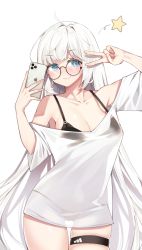 Rule 34 | 1girl, ahoge, apple, bikini, bikini under clothes, black bikini, black panties, blue eyes, blush, breasts, cellphone, chukibabo2, cleavage, closed mouth, commentary, commission, copyright request, cowboy shot, english commentary, food, fruit, glasses, highres, holding, holding phone, iphone, large breasts, long hair, looking at viewer, no pants, off-shoulder shirt, off shoulder, panties, phone, see-through, shirt, short sleeves, simple background, smartphone, smile, solo, standing, star (symbol), swimsuit, thigh gap, thigh strap, underwear, v, very long hair, white background, white hair, white shirt
