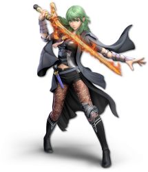 Rule 34 | 1girl, 3d, artist request, black coat, black footwear, black shorts, boots, breasts, brown pantyhose, byleth (female) (fire emblem), byleth (fire emblem), cape, closed mouth, coat, dagger, female focus, fire, fire emblem, fire emblem: three houses, flaming sword, flaming weapon, full body, green eyes, green hair, grey jacket, grey shirt, hand up, happy, highres, holding, holding sword, holding weapon, jacket, knee brace, knife, long hair, long sleeves, looking at viewer, medium breasts, midriff peek, navel, nintendo, official art, pantyhose, sheath, sheathed, shirt, short shorts, shorts, smile, solo, standing, stomach, super smash bros., sword, sword of the creator, transparent background, vambraces, weapon