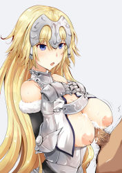Rule 34 | 1boy, 1girl, armor, armored dress, bare shoulders, blonde hair, blush, braid, breast suppress, breasts, breasts squeezed together, chain, cum, cum on body, cum on breasts, cum on upper body, ejaculation, fate/apocrypha, fate/grand order, fate (series), faulds, fur trim, gauntlets, hanchou (shirokun555), hands on own chest, headpiece, hetero, jeanne d&#039;arc (fate), jeanne d&#039;arc (ruler) (fate), jeanne d&#039;arc (third ascension) (fate), large areolae, large breasts, long braid, long hair, male pubic hair, nipples, open mouth, paizuri, penis, perpendicular paizuri, pubic hair, puffy nipples, single braid, solo focus, sweat, uncensored, very long hair