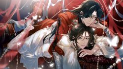 Rule 34 | 2boys, absurdres, bishounen, black hair, blurry, bug, butterfly, chain, chinese clothes, depth of field, earrings, eyepatch, glowing butterfly, hair down, hair ornament, highres, hua cheng, insect, jewelry, long hair, long sleeves, looking at viewer, lying, male focus, multiple boys, shiyangtacit, tianguan cifu, very long hair, white butterfly, wide sleeves, xie lian, yaoi