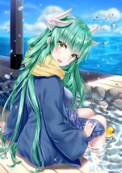 Rule 34 | 1girl, :d, blue kimono, blue sky, blurry, blurry background, blush, brown eyes, cloud, cloudy sky, commentary request, day, depth of field, dragon horns, fate/grand order, fate (series), fingernails, green hair, hakuda tofu, head tilt, highres, horizon, horns, japanese clothes, kimono, kiyohime (fate), kiyohime (traveling outfit) (fate), long hair, long sleeves, looking at viewer, looking to the side, ocean, onsen, open mouth, outdoors, round teeth, rubber duck, scarf, sitting, sky, smile, soaking feet, solo, teeth, upper teeth only, very long hair, water, water drop, wide sleeves, yellow scarf, yukata