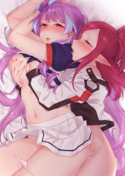 Rule 34 | 2girls, blue eyes, blue hair, blush, breasts, clothes lift, cowboy shot, earrings, from above, grabbing, grabbing another&#039;s breast, grabbing from behind, half-closed eyes, implied futanari, implied sex, jewelry, long hair, lying, macross, macross delta, medium breasts, mikumo guynemer, miniskirt, mirage farina jenius, multicolored hair, multiple girls, navel, nipples, on side, open mouth, panties, panty pull, parted bangs, pleated skirt, pointy ears, purple hair, red eyes, red hair, sasanoneko, sex, skirt, skirt lift, streaked hair, tongue, tongue out, underwear, very long hair, white panties, white skirt, yuri