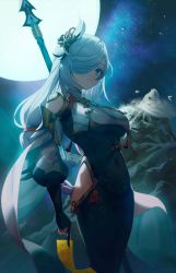 Rule 34 | 1girl, bare shoulders, black bodysuit, black gloves, blue eyes, bodysuit, breasts, fingerless gloves, full moon, genshin impact, gloves, hair ornament, hair over one eye, haires, highres, hip vent, large breasts, long sleeves, looking at viewer, moon, mountain, night, night sky, polearm, puffy long sleeves, puffy sleeves, shenhe (genshin impact), sky, smile, solo, standing, talisman, underboob, weapon, white hair