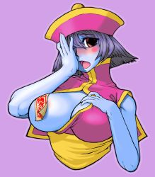 Rule 34 | 1girl, anti-earth bomb, blue skin, blush, breasts, capcom, chinese clothes, cleavage, colored skin, image sample, large breasts, lei lei, ofuda, pixiv sample, purple hair, red eyes, solo, vampire (game)
