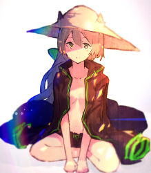 Rule 34 | 1girl, absurdres, animal hat, blonde hair, blurry, blush stickers, breasts, collarbone, enj!, green eyes, hair between eyes, hat, highres, indian style, jacket, jacket on shoulders, looking at viewer, open clothes, open jacket, original, parted lips, rainbow, short hair, sitting, small breasts, solo