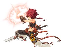 Rule 34 | 1boy, absurdres, belt, black gloves, black pants, buckle, chaps, closed mouth, cropped legs, elsword, elsword (character), fingerless gloves, gloves, hair over one eye, highres, holding, holding sword, holding weapon, hwansang, long hair, looking at viewer, magic circle, male focus, midriff, navel, official art, pants, ponytail, red eyes, red hair, reverse grip, rune slayer (elsword), smile, solo, spiked hair, sword, tattoo, transparent background, weapon
