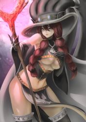 Rule 34 | 1girl, breasts, detached sleeves, fairy tail, irene belserion, large breasts, long hair, mature female, navel, pelvic curtain, quad braids, red hair, revealing clothes, thighhighs, underboob