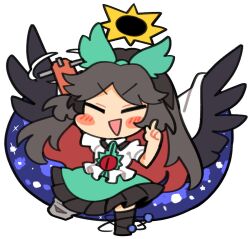 Rule 34 | 1girl, arm cannon, arm up, bird wings, black hair, black wings, blush, closed eyes, collared shirt, feathered wings, full body, green skirt, ini (inunabe00), long hair, open mouth, reiuji utsuho, shirt, short sleeves, simple background, skirt, smile, solo, touhou, weapon, white background, white shirt, wings