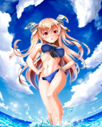 Rule 34 | 1girl, abs, beach, bikini, black gloves, blue bikini, blush, breasts, brown eyes, cloud, gloves, hair ornament, hands on own hips, highres, johnston (kancolle), kantai collection, light brown hair, long hair, looking at viewer, mahiro usagi, medium breasts, multicolored bikini, multicolored clothes, navel, ocean, single glove, sky, smile, stomach, swimsuit, thighs, tongue, tongue out, twitter username, two side up