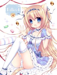 Rule 34 | 1girl, :d, animal ears, argyle, asymmetrical legwear, blonde hair, blue bow, blue eyes, blue footwear, blue ribbon, blue skirt, blush, bow, breasts, candy wrapper, cat ears, cat girl, cat tail, checkerboard cookie, cleavage, collar, commentary request, cookie, fingernails, food, frilled collar, frilled shirt, frilled skirt, frilled sleeves, frills, hair ribbon, heart, layered skirt, long hair, looking at viewer, macaron, medium breasts, mismatched legwear, open mouth, original, panties, print thighhighs, puffy short sleeves, puffy sleeves, red ribbon, ribbon, shikito (yawa0w0), shirt, shoes, short sleeves, sitting, skirt, smile, solo, sparkle, striped clothes, striped panties, striped thighhighs, tail, thighhighs, underwear, very long hair, white thighhighs, wrist cuffs