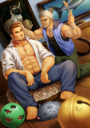 Rule 34 | 2boys, abs, animal ears, bad id, bad pixiv id, ball, bara, bare shoulders, barefoot, beard, bell, black tank top, brown hair, bulge, cat boy, cat ears, cat tail, covered abs, denim, facial hair, headpat, highres, jeans, large pectorals, long sideburns, male focus, mature male, multiple boys, muscular, muscular male, navel, navel hair, neck bell, one eye closed, open clothes, open shirt, original, pants, pectoral cleavage, pectorals, pet play, portrait (object), saolin (wudangx), short hair, sideburns, sleeveless, stomach, tail, tank top, thick eyebrows, white hair