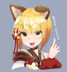 Rule 34 | 1girl, :3, :d, black choker, blonde hair, bob cut, choker, dated, flower knot, granblue fantasy, grey background, hair ornament, hand up, highres, inverted bob, klaius, looking at viewer, open mouth, short hair, simple background, smile, smug, solo, twitter username, upper body, vajra (granblue fantasy), yellow eyes