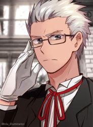 Rule 34 | 1boy, adjusting eyewear, archer (fate), bespectacled, fate/stay night, fate (series), formal, glasses, gloves, grey eyes, male focus, niu illuminator, ribbon, solo, suit, white hair
