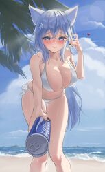 Rule 34 | 1girl, absurdres, animal ears, bare arms, bare shoulders, beach, bikini, black nails, blue eyes, blue hair, blue sky, blush, brand name imitation, breasts, can, cleavage, closed mouth, cloud, commentary request, commission, day, hair between eyes, hair ornament, hand up, heart, highres, holding, holding can, large breasts, leaning forward, long hair, nail polish, ocean, original, outdoors, palm tree, side-tie bikini bottom, sky, smile, solo, stomach, swimsuit, tree, white bikini, yuzabeecha