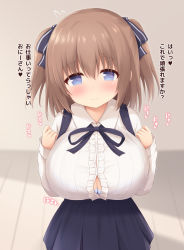 Rule 34 | 1girl, blue bra, blue eyes, blue ribbon, blue skirt, blush, bra, breasts, breasts squeezed together, brown hair, button gap, center frills, check translation, collared shirt, commentary request, commission, frills, hair ribbon, highres, indoors, large breasts, long sleeves, looking at viewer, oppai loli, original, pixiv commission, ribbon, shirt, short hair, skirt, smile, solo, suspender skirt, suspenders, translation request, twintails, underwear, wooden floor, yuu (yumezakura)