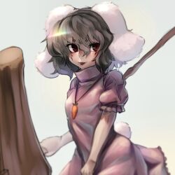 Rule 34 | 1girl, :p, animal ears, black hair, blurry, breasts, carrot necklace, commentary request, depth of field, dress, floppy ears, grey background, hair between eyes, holding, holding mallet, inaba tewi, jewelry, kine, looking at viewer, mallet, medium hair, necklace, nio (meple nio), nostrils, pink dress, puffy short sleeves, puffy sleeves, rabbit ears, rabbit tail, red eyes, short sleeves, simple background, small breasts, soft focus, solo, tail, tongue, tongue out, touhou