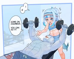 Rule 34 | 1girl, abs, alternate hairstyle, blue eyes, blue hair, dumbbell, ebi-chan (gawr gura), english text, exercising, fins, fish tail, gawr gura, gills, grey hair, gym, gym shorts, headband, hololive, hololive english, mask, moral cacoethes, multicolored hair, ponytail, shark girl, shark tail, shorts, shrimp, sports bra, streaked hair, sweat, tail, toned, toned male, trembling, virtual youtuber, weightlifting, weights