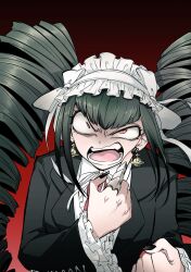 Rule 34 | 1girl, angry, black hair, black jacket, black nails, celestia ludenberg, center frills, claw ring, clenched hand, danganronpa: trigger happy havoc, danganronpa (series), drill hair, earrings, fang, frills, gothic lolita, headdress, highres, index finger raised, jacket, jewelry, lolita fashion, long sleeves, looking at viewer, nail polish, necktie, red background, red necktie, shachoo (poco poco), solo, teeth, tongue, twin drills, twintails, upper body
