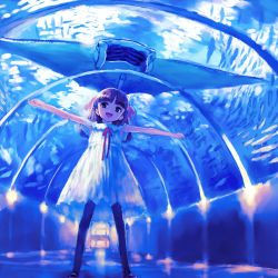Rule 34 | 1girl, aquarium, black pantyhose, blue theme, child, dress, garter belt, happy, indoors, manta ray, original, outstretched arms, pantyhose, sasahara yuuki, solo, spread arms, thighhighs, tunnel, underwater