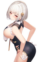 Rule 34 | 1girl, ass, azur lane, blush, braid, breast curtains, breasts, btraphen, china dress, chinese clothes, closed mouth, commentary request, dress, flower, from behind, garter straps, gloves, grey dress, hair flower, hair ornament, half gloves, highres, large breasts, looking at viewer, looking to the side, pantylines, pelvic curtain, red eyes, revealing clothes, revision, see-through, short hair, side braid, sideboob, sirius (azur lane), sirius (azure horizons) (azur lane), solo, standing, white gloves, white hair