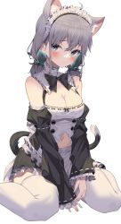 Rule 34 | 1girl, absurdres, ahoge, animal ears, apron, bare shoulders, between legs, black skirt, bow, bowtie, breasts, cat ears, cat girl, cat tail, cleavage, clothing cutout, collared shirt, colored inner hair, commission, detached sleeves, extra ears, frilled skirt, frills, highres, juliet sleeves, jun (aousa0328), long sleeves, maid, maid apron, maid headdress, medium breasts, miniskirt, multicolored hair, navel, navel cutout, original, puffy sleeves, shirt, sitting, skeb commission, skirt, sleeveless, sleeveless shirt, solo, tail, thighhighs, waist apron, wariza, white shirt, white thighhighs