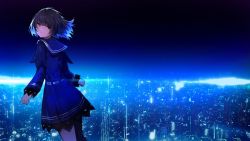 Rule 34 | 1girl, black hair, black sky, blue dress, blue eyes, blue hair, blue sailor collar, blue sky, cityscape, commentary, dress, english commentary, gradient sky, highres, long sleeves, looking at viewer, looking back, original, outdoors, sailor collar, sailor dress, sky, sleeves past wrists, solo, tarbo (exxxpiation)