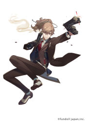 Rule 34 | 1boy, black gloves, black pants, black suit, blouse, brown hair, collared shirt, company name, copyright notice, firing, food fantasy, formal, full body, gloves, gun, high ponytail, highres, knife, knife sheath, looking at viewer, male focus, mole, mole under eye, necktie, official art, pants, ponytail, red eyes, red necktie, rezia, sheath, sheathed, shirt, shoes, smile, smoke, solo, suit, vest, weapon, white shirt