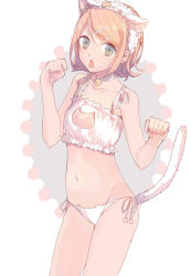 Rule 34 | 1girl, animal ears, bell, neck bell, blonde hair, breasts, cat ear panties, cat ears, cleavage cutout, clothing cutout, collar, collarbone, eyelashes, frilled hairband, frills, green eyes, hair ornament, hairband, hairclip, highres, jam (zamuchi), kagamine rin, meme attire, navel, open mouth, panties, paw pose, short hair, simple background, small breasts, solo, tail, underwear, vocaloid