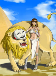 Rule 34 | 1girl, absurdres, ancient egypt, animal, armlet, breasts, brown hair, highres, lion, long hair, mask, original, red eyes, sand, tagme, underboob