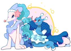Rule 34 | arm support, blue eyes, blue hair, brionne, creatures (company), evolution, fins, fish tail, game freak, gen 7 pokemon, looking at viewer, nintendo, open mouth, peppar (maskrosfe), pokemon, pokemon (creature), pokemon sm, popplio, primarina, seal (animal), smile, tail