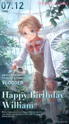 Rule 34 | 1boy, blonde hair, blue eyes, child, cloud, commentary, copyright name, day, english commentary, english text, fingernails, floral print, flower, glasses, greenhouse, happy birthday, highres, indoors, looking down, official art, plant, shining nikki, shirt, short hair, shorts, smile, solo, stairs, sunlight, suspender shorts, suspenders, timestamp, white footwear, white shirt