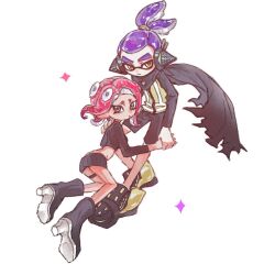 Rule 34 | 1boy, 1girl, agent 3 (splatoon), agent 8 (splatoon), black cape, black footwear, black shorts, black skirt, blue hair, boots, cape, closed mouth, crop top, film grain, grey eyes, headgear, high-visibility vest, high heel boots, high heels, highres, holding hands, inkling, inkling boy, inkling player character, miniskirt, nintendo, octoling, octoling girl, octoling player character, ponytail, red hair, short hair, shorts, simple background, skirt, splatoon (series), splatoon 2, splatoon 2: octo expansion, suction cups, tentacle hair, thenintlichen96, thigh strap, torn cape, torn clothes, white background, yellow eyes