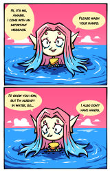Rule 34 | 1girl, 2koma, amabie, blue hair, cloud, comic, commentary, coronavirus pandemic, english commentary, english text, forehead, gradient hair, hair intakes, long hair, looking at viewer, looking down, multicolored hair, ocean, original, partially submerged, pink hair, pink sky, pointy ears, scales, setz, sky, smile, solo, thick eyebrows, traditional youkai, very long hair