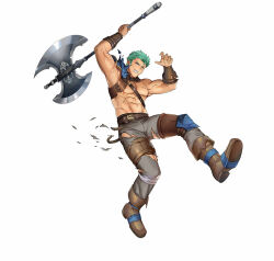 Rule 34 | 1boy, armor, axe, brown footwear, clenched teeth, dieck (fire emblem), fire emblem, fire emblem: the binding blade, fire emblem heroes, green eyes, green hair, grey pants, holding, holding axe, mikurou (nayuta), muscular, muscular male, nintendo, official art, pants, pauldrons, shoulder armor, single pauldron, solo, teeth, topless male, torn clothes