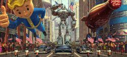 Rule 34 | 6+boys, 6+girls, american flag, black hair, black jacket, blonde hair, building, car, city, confetti, day, fallout (series), fallout 76, highres, jacket, liberty prime, motor vehicle, multiple boys, multiple girls, nuka cola, official art, outdoors, parade, pleated skirt, road, robot, salute, skirt, skyscraper, street, thumbs up, vault boy, vault suit, white skirt