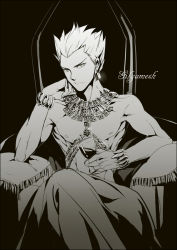 Rule 34 | 1boy, alcohol, bad id, bad pixiv id, earrings, fate/stay night, fate (series), gilgamesh (fate), jewelry, male focus, manly, monochrome, necklace, topless male, sitting, solo, tekla, throne, wine