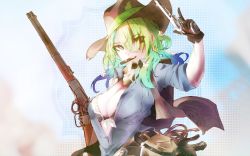 Rule 34 | 1girl, belt, breasts, ceres fauna, cigar, cleavage, cowboy, cowboy hat, cowboy western, gloves, green hair, gun, handgun, hat, highres, holding, hololive, hololive english, large breasts, long hair, pparus, revolver, rifle, solo, virtual youtuber, weapon, western, yellow eyes