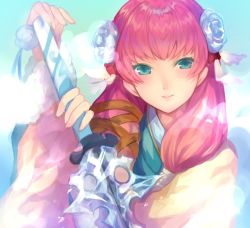 Rule 34 | 1girl, blue eyes, closed mouth, fire emblem, fire emblem heroes, flower, gunnthra (fire emblem), hair flower, hair ornament, holding, holding sword, holding weapon, ice, japanese clothes, jurge, katana, long hair, nintendo, pink hair, simple background, smile, solo, sword, upper body, weapon