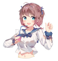 Rule 34 | 1girl, :d, absurdres, blue bow, blue bowtie, blue eyes, blue ribbon, blue sailor collar, blush, bow, bowtie, bracelet, breasts, brown hair, collarbone, cropped torso, cup, drink, drinking straw, hair ribbon, hand up, highres, holding, holding cup, jewelry, long sleeves, looking at viewer, medium breasts, midriff, navel, open mouth, original, plaid, ribbon, sailor collar, shirt, short hair, simple background, smile, solo, suzi, upper body, white background, white shirt