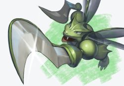 Rule 34 | blue eyes, claws, commentary request, creatures (company), fangs, game freak, gen 1 pokemon, glint, insect wings, nintendo, no humans, open mouth, pokemon, pokemon (creature), scyther, solo, spareribs, wings