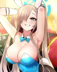 Rule 34 | 1girl, absurdres, arm behind head, armpits, arms up, asuna (blue archive), asuna (bunny) (blue archive), asymmetrical bangs, bare shoulders, black pantyhose, blonde hair, blue archive, blue bow, blue bowtie, blue eyes, blue halo, blue leotard, blurry, blurry background, blush, bow, bowtie, breasts, bright pupils, casino, cleavage, collar, collarbone, detached collar, gloves, grin, hair lift, hair over one eye, halo, hand in own hair, highres, indoors, large breasts, leotard, long hair, looking at viewer, mole, mole on breast, one eye covered, pantyhose, playboy bunny, rabbit ears, rabbit tail, s.t.a.r (pixiv 4451676), smile, solo, straight hair, teeth, upper body, very long hair, white collar, white gloves, white pupils