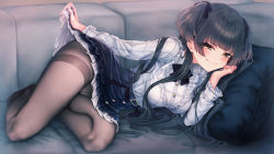 Rule 34 | 1girl, black bow, black bowtie, black hair, black pantyhose, black skirt, blunt bangs, blush, bow, bowtie, clothes lift, couch, cushion, frilled shirt, frills, hand on own cheek, hand on own face, high-waist skirt, highres, idolmaster, idolmaster shiny colors, lifted by self, looking at viewer, lying, mayuzumi fuyuko, on side, panties, panties under pantyhose, pantyhose, petticoat, shirt, shirt tucked in, skirt, skirt hold, skirt lift, smile, solo, thighband pantyhose, thighs, two side up, underwear, wakaba (945599620)